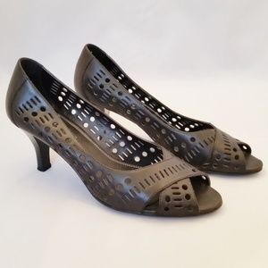 Liz Claiborne Black Leather Open Toe Pumps Heels